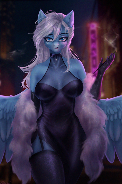 Size: 1000x1500 | Tagged: suggestive, artist:alicesmitt31, derpibooru import, oc, oc:icy heart, unofficial characters only, anthro, pegasus, black dress, breasts, cigarette, cigarette holder, cleavage, clothes, dress, evening gloves, feather boa, female, garter straps, gloves, image, lidded eyes, little black dress, long gloves, looking at you, mafia, png, smoke, smoking, socks, solo, solo female, spread wings, stockings, thigh highs, total sideslit, wings