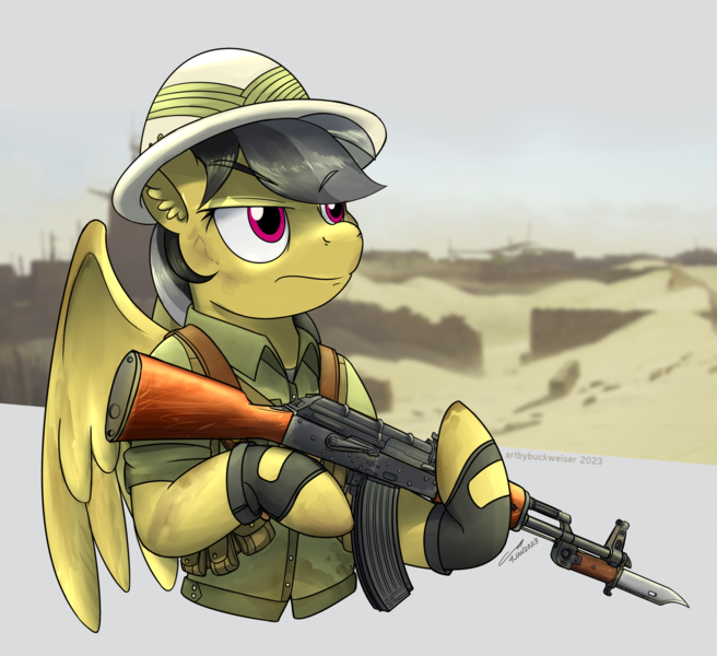 Size: 1920x1757 | Tagged: safe, artist:buckweiser, derpibooru import, daring do, series:daring did tales of an adventurer's companion, ak-47, assault rifle, badass, clothes, commission, dirty, fanfic art, fingerless gloves, gloves, gun, image, png, rifle, scar, serious, serious face, solo, weapon, ych result
