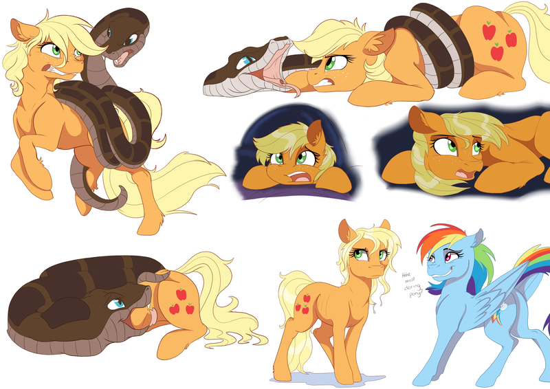 Size: 3507x2480 | Tagged: artist needed, source needed, questionable, artist:mistydash, banned from derpibooru, deleted from derpibooru, derpibooru import, applejack, rainbow dash, earth pony, pegasus, pony, snake, coils, cute, cute vore, drool, freckles, image, needs more jpeg, png, soft vore, vore, wet, wet mane