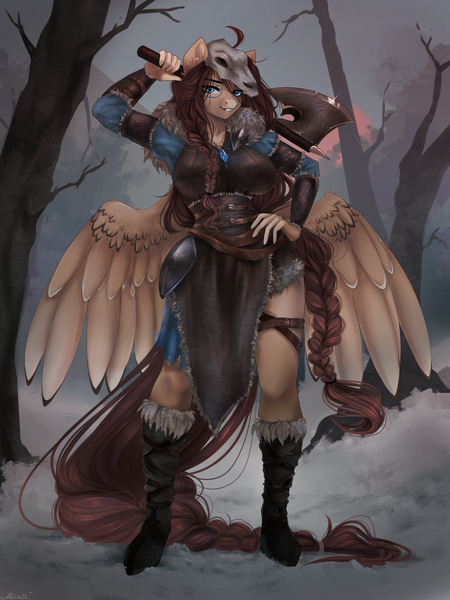 Size: 1500x2000 | Tagged: safe, artist:alicesmitt31, derpibooru import, oc, oc:ondrea, unofficial characters only, anthro, axe, braid, braided tail, forest, image, png, solo, tail, tree, weapon