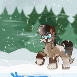Size: 1200x1200 | Tagged: safe, artist:bluemoon, derpibooru import, oc, oc:ice shard, fish, pony, taiga pony, animated, blaze (coat marking), chest fluff, coat markings, commission, facial markings, feather, fluffy, forest, gif, hairband, image, male, snow, tree, unshorn fetlocks, ych result