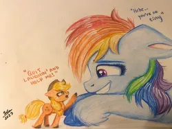 Size: 4032x3024 | Tagged: safe, artist:galaxy swirl, derpibooru import, applejack, rainbow dash, earth pony, pegasus, pony, appledash, appletini, female, grin, image, jpeg, lesbian, lying down, micro, prone, shipping, size difference, smiling, traditional art