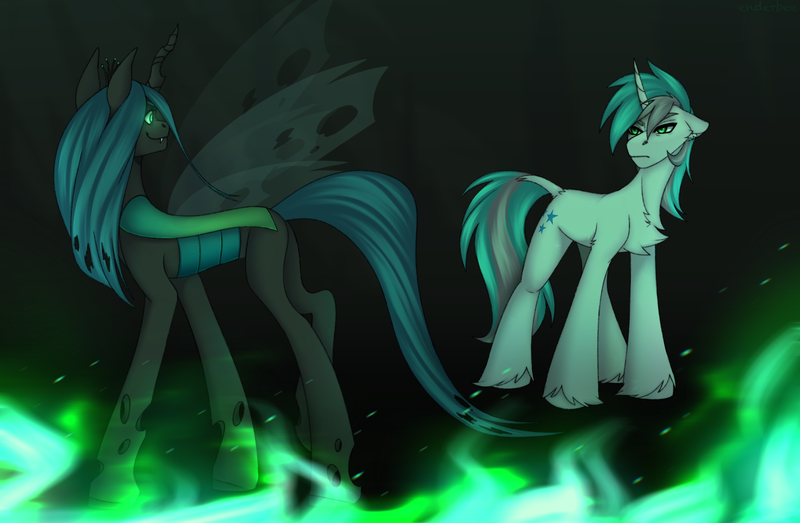 Size: 3004x1963 | Tagged: safe, artist:enderbee, derpibooru import, queen chrysalis, oc, changeling, changeling queen, pony, unicorn, antagonist, butt, canon x oc, commission, evil, female, fire, full body, image, plot, png, standing, ych result, your character here