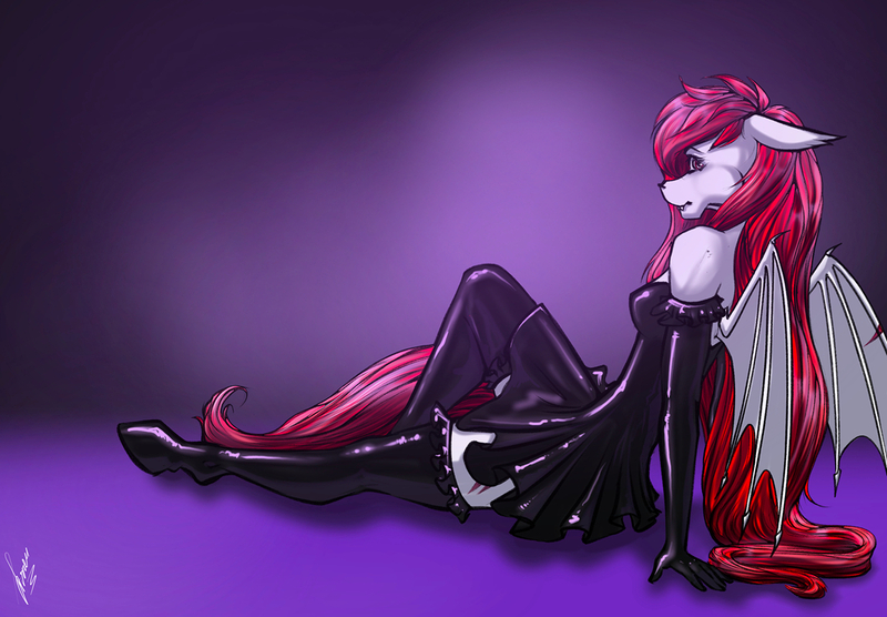 Size: 1180x820 | Tagged: safe, artist:stirren, derpibooru import, oc, unofficial characters only, anthro, bat pony, bat pony oc, bat wings, breasts, clothes, commission, dress, evening gloves, female, gloves, image, jpeg, latex, latex dress, latex gloves, latex stockings, long gloves, looking at you, looking back, pinup, pose, socks, solo, stockings, thigh highs, wings, ych result