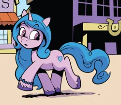 Size: 1100x950 | Tagged: safe, derpibooru import, idw, izzy moonbow, pony, unicorn, spoiler:comic, spoiler:g5comic, spoiler:g5comic08, cute, female, g5, image, izzybetes, looking at something, mare, png, solo, unshorn fetlocks, upscaled, waifu2x, walking