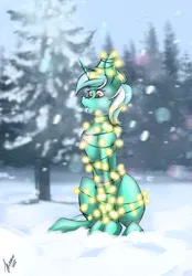Size: 820x1180 | Tagged: safe, artist:stirren, derpibooru import, lyra heartstrings, pony, unicorn, christmas, christmas lights, female, forest, garland, holiday, image, jpeg, l.u.l.s., mare, silly, silly pony, sitting, slim, snow, solo, tangled up, thin, tree