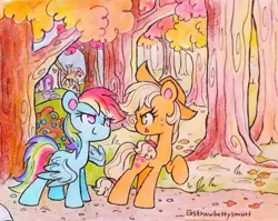 Size: 2048x1628 | Tagged: safe, artist:flutterberrypie, derpibooru import, applejack, rainbow dash, earth pony, pegasus, pony, appledash, autumn, cute, dashabetes, duo, female, forest, image, jackabetes, jpeg, leaves, lesbian, looking at each other, looking at someone, running of the leaves, shipping, smiling, traditional art, tree
