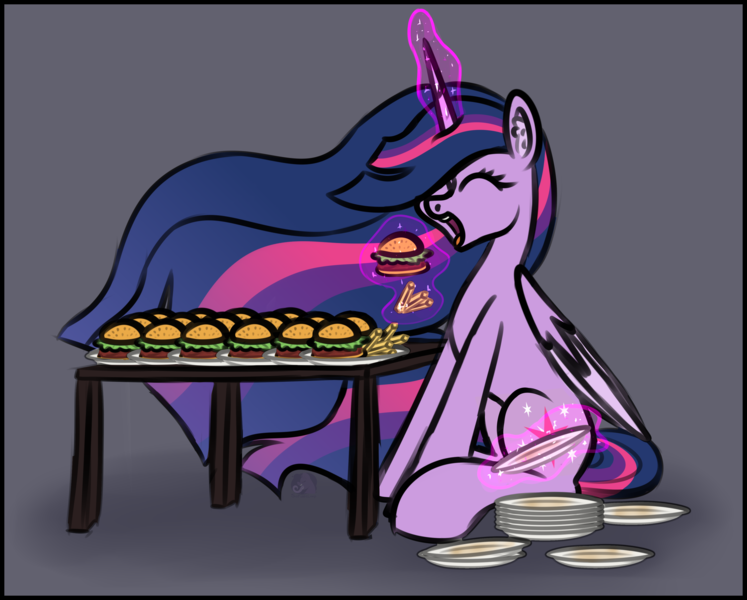 Size: 2925x2350 | Tagged: safe, alternate version, artist:sadfloorlamp, derpibooru import, princess twilight 2.0, twilight sparkle, twilight sparkle (alicorn), alicorn, pony, the last problem, burger, cartoon physics, colored, colored wings, cute, digestion without weight gain, ear fluff, eating, ethereal mane, ethereal tail, eyelashes, eyes closed, female, food, frame, french fries, glow, glowing horn, hammerspace, hammerspace belly, high res, horn, image, lightly watermarked, long mane, long tail, magic, magic aura, mare, no source available, older, older twilight, open mouth, plate, png, signature, sitting, slim, solo, striped mane, striped tail, stuffing, table, tail, tall, telekinesis, that pony sure does love burgers, thin, twiabetes, twilight burgkle, two toned wings, watermark, wings