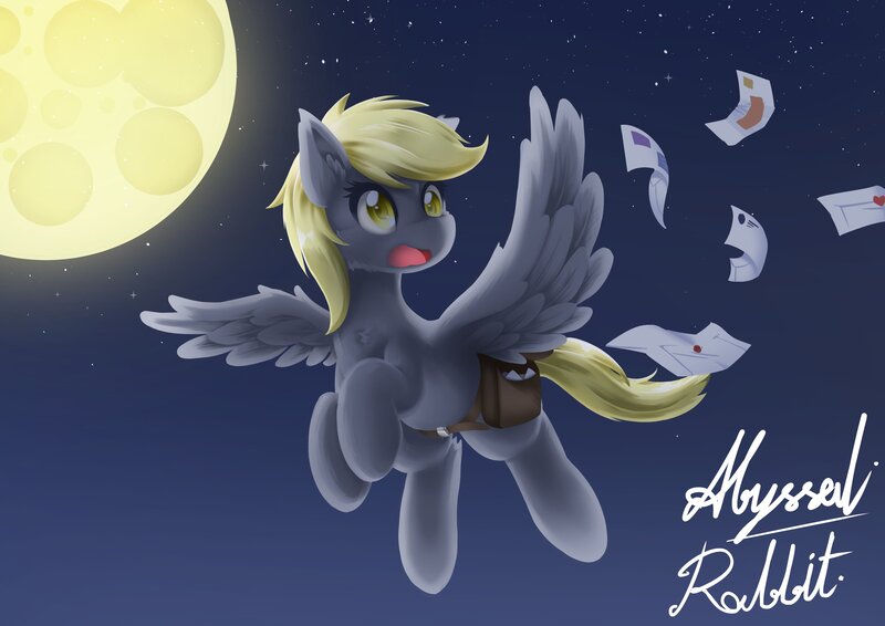 Size: 3508x2480 | Tagged: safe, artist:abyssalrabbit, derpibooru import, derpy hooves, pegasus, pony, bag, digital art, female, flying, image, jpeg, lineless, mail, mailbag, mare, moon, night, signature, sky, solo, spread wings, wings