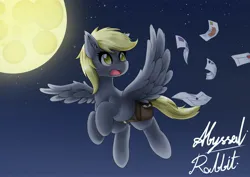 Size: 3508x2480 | Tagged: safe, alternate version, artist:abyssalrabbit, derpibooru import, derpy hooves, pegasus, pony, bag, digital art, female, flying, image, jpeg, mail, mailbag, mare, moon, night, outline, signature, sky, solo, spread wings, wings