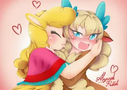 Size: 4096x2896 | Tagged: safe, derpibooru import, paprika paca, velvet reindeer, human, them's fightin' herds, anime, antlers, blushing, community related, duo, eared humanization, eyes closed, female, heart, horn, horned humanization, hug, humanized, image, jpeg, kissing, lesbian, open mouth, paprika (tfh), shipping, that alpaca sure does love kisses, tsundeer, tsundere, velverika
