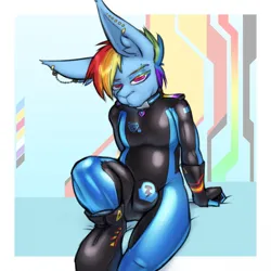 Size: 1920x1920 | Tagged: suggestive, artist:krd, derpibooru import, rainbow dash, anthro, rabbit, androgynous, animal, big ears, bodysuit, boots, bunnified, clothes, crotch bulge, ear piercing, earring, fetish, fingerless gloves, gloves, image, jewelry, jpeg, latex, latex boots, latex gloves, latex suit, looking at you, nonbinary, null, piercing, rubber, rubber boots, rubber gloves, rubber suit, shiny, shoes, simple background, sitting, solo, species swap, tight clothing