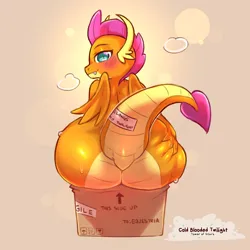 Size: 1200x1200 | Tagged: suggestive, artist:cold-blooded-twilight, derpibooru import, smolder, dragon, bedroom eyes, blushing, box, butt, dragoness, female, if i fits i sits, image, looking at you, looking back, looking back at you, png, raised tail, smolderriere, spread butt, spreading, sweat, tail, wide hips