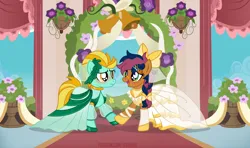 Size: 1100x650 | Tagged: safe, artist:jennieoo, derpibooru import, lightning dust, oc, oc:solar comet, pegasus, pony, bells, blushing, bow, clothes, couple, dress, flower, freckles, happy, heart, heart eyes, image, marriage, png, smiling, vector, wedding, wedding dress, wedding veil, wingding eyes