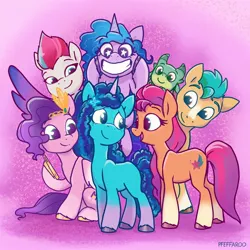 Size: 2048x2048 | Tagged: safe, artist:pfeffaroo, derpibooru import, hitch trailblazer, izzy moonbow, pipp petals, sparky sparkeroni, sunny starscout, zipp storm, dragon, earth pony, pegasus, pony, unicorn, g5, grin, group, image, jpeg, mane five (g5), misty brightdawn, mobile phone, phone, smartphone, smiling, starry eyes, wingding eyes