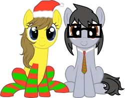 Size: 2008x1583 | Tagged: safe, artist:silver-bristle, derpibooru import, oc, oc:liz (cardshark777), oc:silver bristle, unofficial characters only, earth pony, pony, derpibooru community collaboration, 2023 community collab, brown eyes, clothes, derpibooru exclusive, duo, earth pony oc, female, glasses, gray mane, gray tail, hat, image, male, mare, necktie, png, show accurate, simple background, sitting, smiling, socks, stallion, striped socks, transparent background
