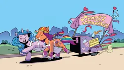 Size: 3840x2160 | Tagged: safe, artist:andypriceart, derpibooru import, edit, idw, izzy moonbow, sunny starscout, earth pony, pony, unicorn, spoiler:comic, spoiler:g5comic, spoiler:g5comic08, 4k, apron, bracelet, clothes, cute, duo, duo female, eyes closed, female, friendship bracelet, g5, galloping, high res, image, jewelry, mare, multicolored mane, open mouth, open smile, png, shipping fuel, skates, smiling, smoothie cart, unshorn fetlocks, upscaled, waifu2x