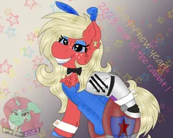 Size: 1498x1200 | Tagged: safe, artist:gray star, derpibooru import, oc, oc:scarlet star, unofficial characters only, cyborg, earth pony, pony, bowtie, bunny ears, bunny suit, butt freckles, chest fluff, clothes, cyberpunk, ear fluff, ear piercing, female, fluffy, freckles, glasses, happy new year, holiday, image, iron front, mare, nighthaze, piercing, png, simple background, solo, three arrows, trans female, transgender, transgender oc, transparent background, unshorn fetlocks