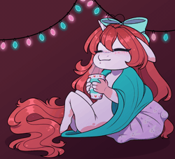 Size: 1100x1000 | Tagged: suggestive, artist:purplegrim40, derpibooru import, oc, oc:nokori, unofficial characters only, anthro, unicorn, animated, blanket, bow, chibi, chocolate, christmas, christmas lights, ear twitch, eyes closed, female, floppy ears, food, gif, hair bow, holiday, hot chocolate, image, nudity, pillow, solo, string lights