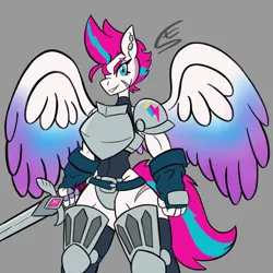 Size: 1920x1920 | Tagged: safe, artist:speed-fiend, derpibooru import, zipp storm, anthro, pegasus, armor, clothes, crossover, dungeons and dragons, ear piercing, female, fighter, fingerless gloves, g5, gauntlet, gloves, gray background, image, jpeg, pen and paper rpg, piercing, rpg, scar, simple background, solo, sword, weapon