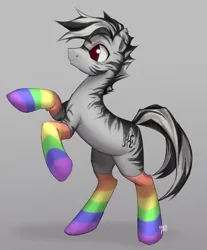 Size: 2982x3600 | Tagged: safe, artist:oops pio, derpibooru import, oc, pony, zebra, clothes, full body, gradient background, gray background, happy, image, male, png, rainbow socks, simple background, smiling, socks, solo, stallion, standing, standing on two hooves, striped socks