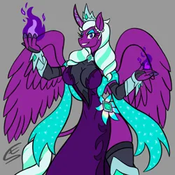 Size: 1920x1920 | Tagged: safe, artist:speed-fiend, derpibooru import, opaline, alicorn, anthro, spoiler:g5, absolute cleavage, big breasts, breasts, busty opaline, cleavage, clothes, crossover, dress, dungeons and dragons, female, g5, gray background, image, jpeg, looking at you, magic, pen and paper rpg, rpg, see-through, simple background, solo, sorceress