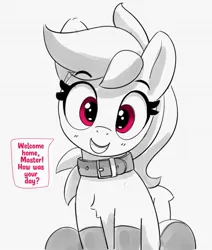 Size: 1272x1498 | Tagged: safe, artist:pabbley, derpibooru import, rainbow dash, pegasus, pony, chest fluff, clothes, collar, cute, dashabetes, female, femsub, grayscale, image, jpeg, looking at you, mare, master, monochrome, partial color, pony pet, simple background, smiling, smiling at you, socks, solo, stockings, submissive, talking to viewer, thigh highs, white background