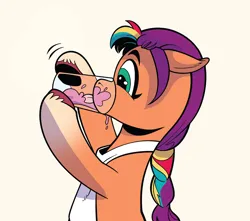 Size: 850x750 | Tagged: safe, artist:andypriceart, derpibooru import, idw, sunny starscout, earth pony, pony, spoiler:comic, spoiler:g5comic, spoiler:g5comic08, apron, behaving like a dog, clothes, cute, drinking, female, floppy ears, g5, image, mare, multicolored mane, png, smoothie, solo, sunnybetes, tongue out, unshorn fetlocks