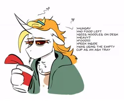 Size: 614x498 | Tagged: safe, artist:redxbacon, derpibooru import, oc, oc:dyx, alicorn, anthro, choker, cigarette, clothes, cup noodles, image, jacket, jpeg, ponytail, smoking, solo, stain, text