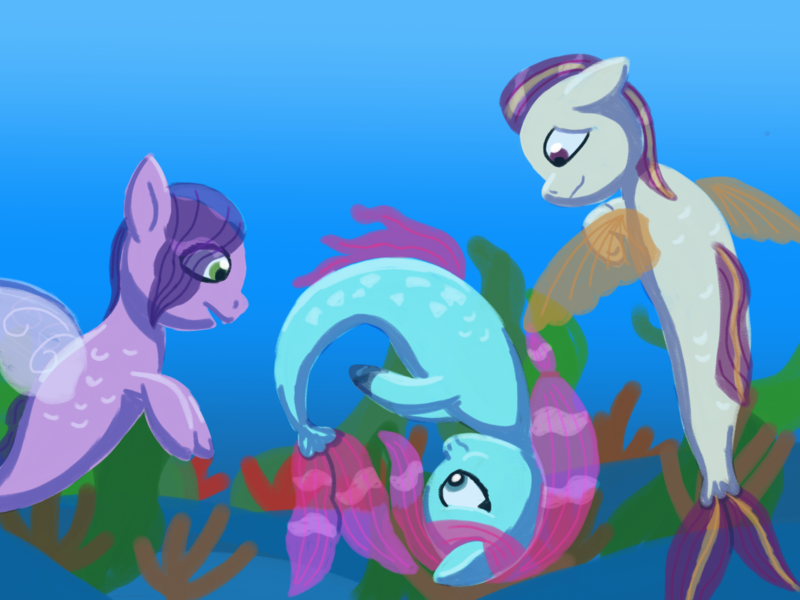 Size: 2048x1536 | Tagged: safe, artist:the crystal artist, derpibooru import, pipp petals, earth pony, pegasus, pony, seapony (g4), coral, derpibooru exclusive, female, g5, holding breath, hoof polish, image, jazz (g5), lineless, looking at someone, looking up, male, mare, missing accessory, png, rocky (g5), seaponified, seaweed, shading, species swap, stallion, swimming, transformed, trio, underwater, upside down, water, wet