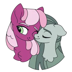 Size: 1500x1500 | Tagged: safe, artist:beautifulspaceshow, artist:icicle-wicicle-1517, color edit, derpibooru import, edit, cheerilee, marble pie, earth pony, pony, bust, cheeribetes, chest fluff, collaboration, colored, cute, duo, eyes closed, female, image, marblebetes, mare, nuzzling, one eye closed, png, simple background, transparent background