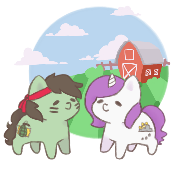 Size: 800x800 | Tagged: safe, artist:spritzles, derpibooru import, oc, unofficial characters only, earth pony, pony, unicorn, barn, chibi, cloud, earth pony oc, female, grenade, headband, horn, image, mare, outdoors, png, simple background, transparent background, unicorn oc