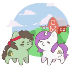 Size: 800x800 | Tagged: safe, artist:spritzles, derpibooru import, oc, unofficial characters only, earth pony, pony, unicorn, barn, chibi, cloud, earth pony oc, female, grenade, headband, horn, image, mare, outdoors, png, simple background, transparent background, unicorn oc