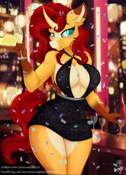 Size: 1800x2500 | Tagged: suggestive, artist:stainedglasslighthea, derpibooru import, oc, oc:stained glass light heart, anthro, unicorn, absolute cleavage, alcohol, big breasts, black dress, blaze (coat marking), breasts, busty oc, champagne, champagne glass, cleavage, clothes, coat markings, curved horn, dress, facial markings, female, glass, happy new year, holiday, horn, image, little black dress, pale belly, png, short dress, solo, solo female, tight clothing, wide hips, wine