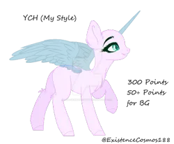Size: 400x330 | Tagged: safe, artist:existencecosmos188, derpibooru import, oc, unofficial characters only, alicorn, pony, alicorn oc, commission, deviantart watermark, female, horn, image, mare, obtrusive watermark, png, raised hoof, simple background, transparent background, watermark, wings, your character here