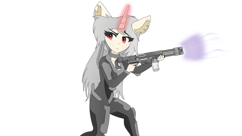Size: 3840x2160 | Tagged: safe, artist:straighttothepointstudio, derpibooru import, oc, unofficial characters only, anthro, unicorn, anime, anthro oc, armor, clothes, digital art, ear fluff, energy weapon, female, freckles, g5, grey hair, gun, image, long hair, looking back, magic, png, red eyes, rifle, simple background, solo, transparent background, weapon