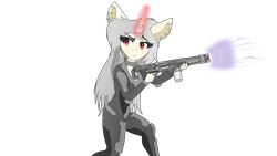 Size: 3840x2160 | Tagged: safe, artist:straighttothepointstudio, derpibooru import, oc, unofficial characters only, anthro, unicorn, anime, anthro oc, armor, clothes, digital art, ear fluff, energy weapon, female, freckles, g5, grey hair, gun, image, long hair, looking back, magic, png, red eyes, rifle, simple background, solo, transparent background, weapon