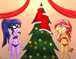 Size: 4000x3090 | Tagged: suggestive, artist:dieart77, derpibooru import, sci-twi, sunset shimmer, twilight sparkle, equestria girls, bra, christmas, christmas tree, clothes, glasses, high res, holiday, image, jpeg, legs, open mouth, panties, patreon, tree, underwear