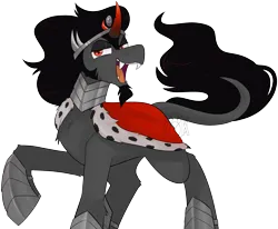 Size: 2131x1757 | Tagged: safe, artist:2k.bugbytes, ponybooru import, king sombra, classical unicorn, pony, unicorn, armor, clothes, cloven hooves, facial hair, fangs, image, leonine tail, male, open mouth, png, raised hoof, raised leg, robe, simple background, solo, stallion, transparent background, unshorn fetlocks