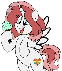 Size: 539x619 | Tagged: safe, artist:noikincade67, derpibooru import, oc, oc:lily brush, unofficial characters only, alicorn, pony, alicorn oc, bipedal, chubby, female, food, horn, ice cream, image, open mouth, png, simple background, solo, tongue out, transparent background, wings