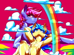 Size: 2400x1800 | Tagged: safe, artist:ktk's sky, derpibooru import, oc, oc:blue ink, oc:redsun sky, unofficial characters only, earth pony, pegasus, pony, cloud, earth pony oc, image, pegasus oc, png, rainbow, sky, wings