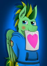 Size: 3511x4903 | Tagged: safe, artist:tacomytaco, derpibooru import, oc, oc:taco.m.tacoson, unofficial characters only, pegasus, pony, bipedal, blushing, clothes, hands behind back, heart, hoodie, image, looking at you, male, mouth hold, paper, png, shorts, simple background, solo, wings