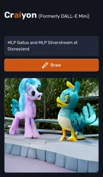 Size: 780x1336 | Tagged: safe, craiyon, dall·e mini, derpibooru import, machine learning generated, gallus, silverstream, classical hippogriff, gryphon, hippogriff, disneyland, duel, fursuit, image, irl, photo, png, quadsuit, tree