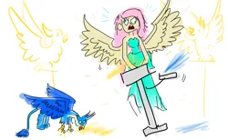 Size: 5200x3200 | Tagged: safe, artist:horsesplease, derpibooru import, fluttershy, gallus, bird, cockatoo, human, equestria girls, behaving like a bird, bird seed, clothes, derp, dress, gallus the rooster, image, majestic as fuck, png, screaming, spread wings, stylistic suck, tray, winged, winged human, wings