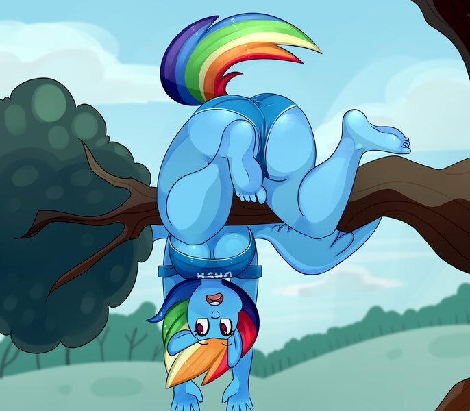 Size: 3700x3237 | Tagged: suggestive, artist:somescrub, derpibooru import, rainbow dash, anthro, plantigrade anthro, 2016, ass, barefoot, breasts, busty rainbow dash, butt, clumsy, feet, female, image, jpeg, old art, rainbow crash, rainbutt dash, solo, solo female, tree, tree branch, underboob, upside down