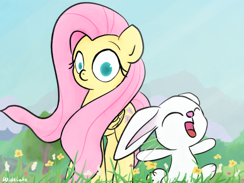 Size: 4000x3000 | Tagged: safe, artist:widelake, derpibooru import, angel bunny, fluttershy, pegasus, pony, rabbit, angelbetes, animal, cute, duo, flower, grass, image, mountain, open mouth, png, smiling