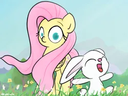 Size: 4000x3000 | Tagged: safe, artist:widelake, derpibooru import, angel bunny, fluttershy, pegasus, pony, rabbit, angelbetes, animal, cute, duo, flower, grass, image, mountain, open mouth, png, smiling