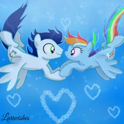 Size: 1300x1300 | Tagged: safe, artist:mlplary6, derpibooru import, rainbow dash, soarin', pegasus, pony, bubble, female, heart, holding hooves, image, looking at each other, looking at someone, male, mare, png, shipping, smiling, smiling at each other, soarindash, stallion, straight, underwater, water
