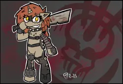 Size: 1338x911 | Tagged: safe, artist:scarletdoodle, derpibooru import, oc, unofficial characters only, pony, fallout equestria, armor, armored pony, bipedal, blood, blood stains, brown coat, clothes, fallout, female, image, machete, mare, orange mane, png, raider, ripped stockings, socks, solo, solo female, stockings, thigh highs, torn clothes, weapon, yellow eyes
