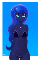 Size: 700x1045 | Tagged: suggestive, artist:tsudashie, derpibooru import, princess luna, human, equestria girls, arm behind back, bikini, blushing, breasts, clothes, humanized, image, jewelry, necklace, png, small breasts, solo, swimsuit, wide hips